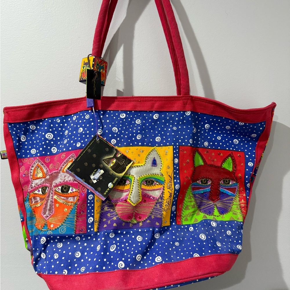 Vintage Laurel Burch Colorful Cat Purse Tote- w/Sequins - 22x14” NWT C